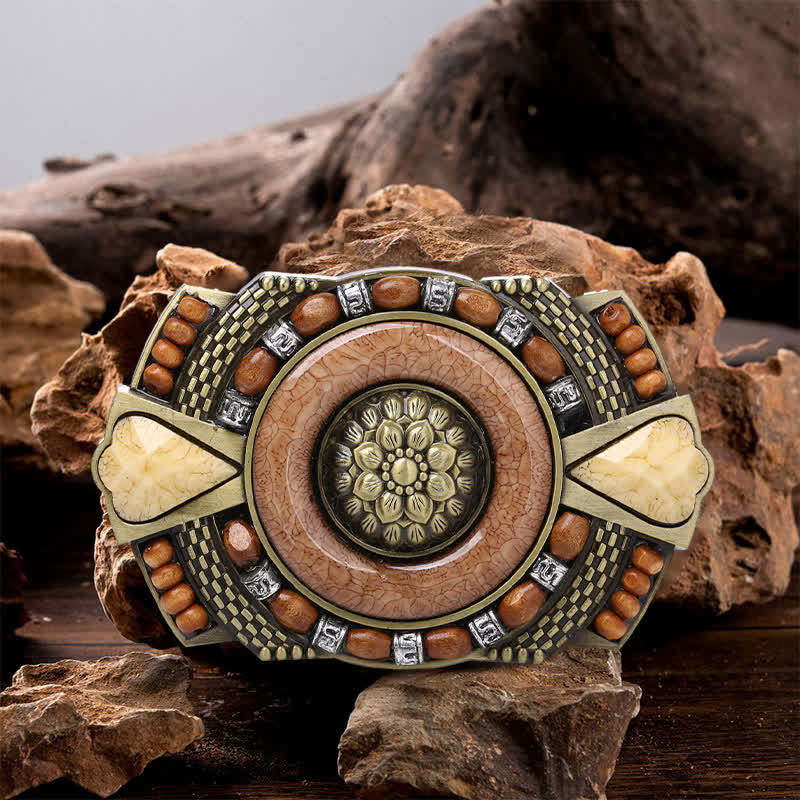 Men's DIY Indian Wood Bead Buckle Leather Belt - Square - Without Belt - image 0