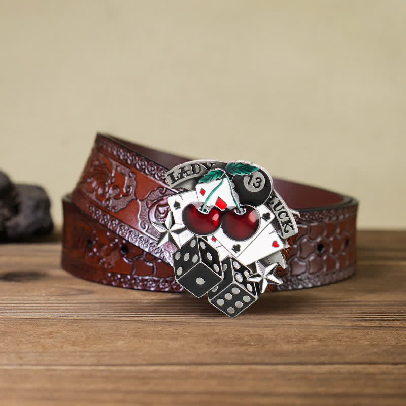 Men's DIY Cherry Poker Dice Buckle Leather Belt - Poker & Dice - Brown Carved Belt (40) - image 6