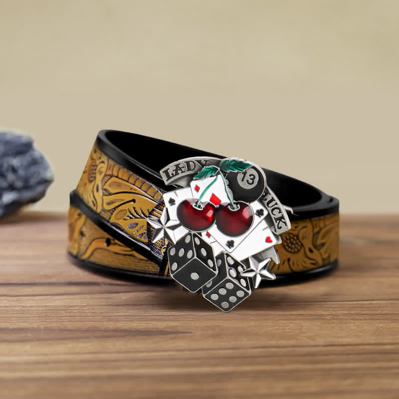 Men's DIY Cherry Poker Dice Buckle Leather Belt - Poker & Dice - SandyBrown Belt (40) - image 7