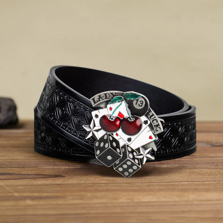 Men's DIY Cherry Poker Dice Buckle Leather Belt - Poker & Dice - Black Embossed Weave Belt (38) - image 4