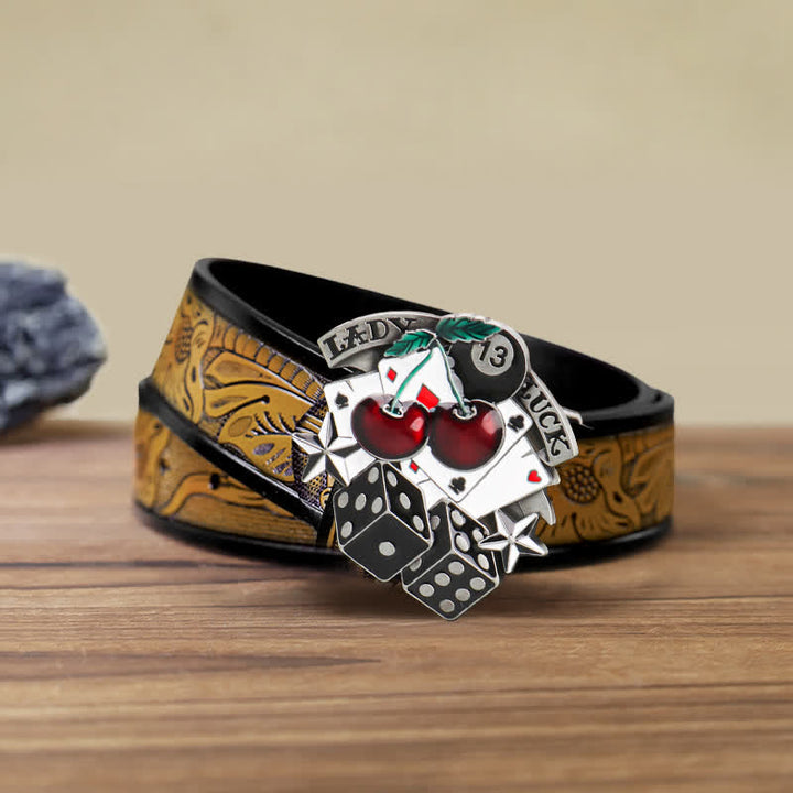 Men's DIY Cherry Poker Dice Buckle Leather Belt - Poker & Dice - SandyBrown Belt (40) - image 7
