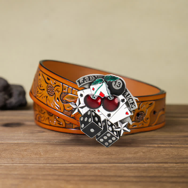 Men's DIY Cherry Poker Dice Buckle Leather Belt - Poker & Dice - Orange Carved Belt (40) - image 8