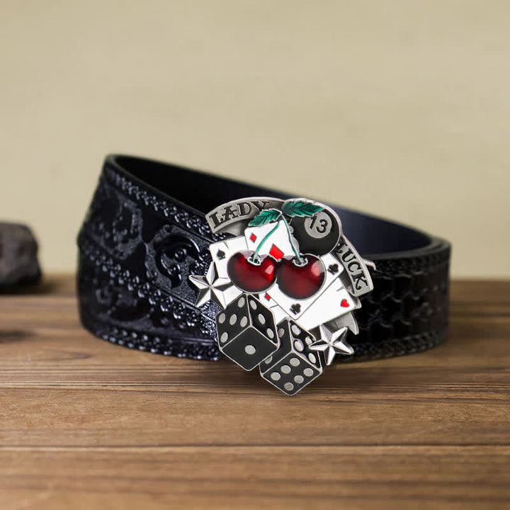 Men's DIY Cherry Poker Dice Buckle Leather Belt - Poker & Dice - Black Carved Belt (40) - image 5