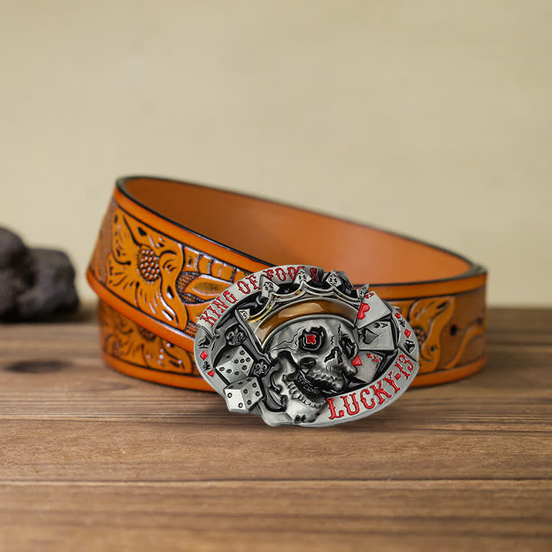 Men's DIY King Of Fools Lucky 13 Buckle Leather Belt - King of Fools - Orange Carved Belt (40) - image 10