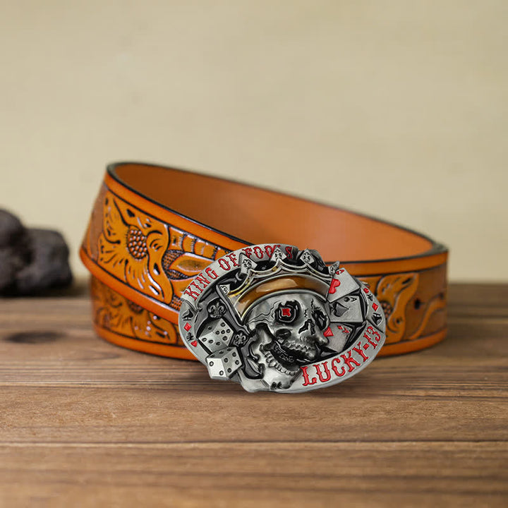Men's DIY King Of Fools Lucky 13 Buckle Leather Belt - King of Fools - Orange Carved Belt (40) - image 10