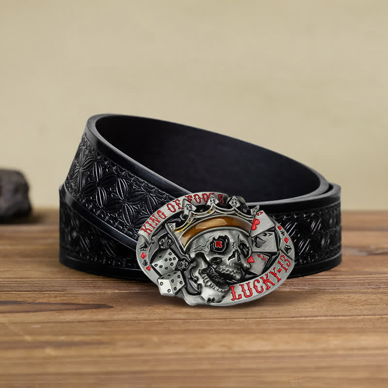 Men's DIY King Of Fools Lucky 13 Buckle Leather Belt - King of Fools - Black Embossed Weave Belt (38) - image 6