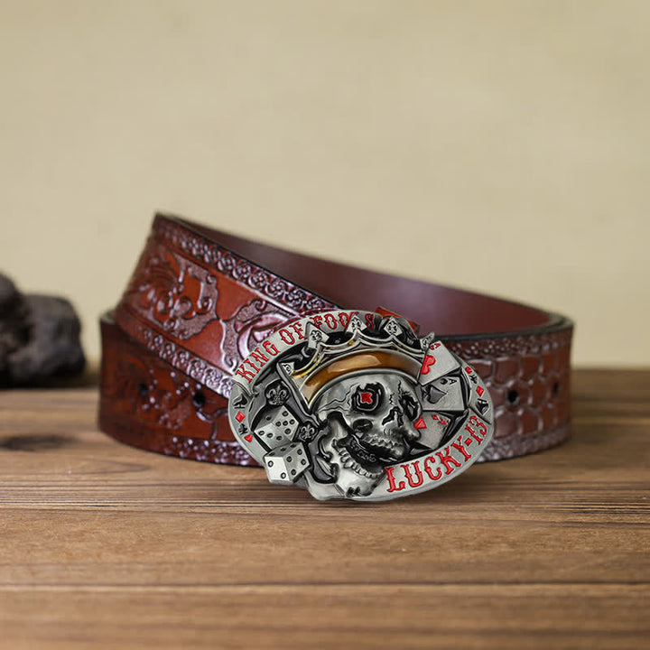 Men's DIY King Of Fools Lucky 13 Buckle Leather Belt - King of Fools - Brown Carved Belt (40) - image 8