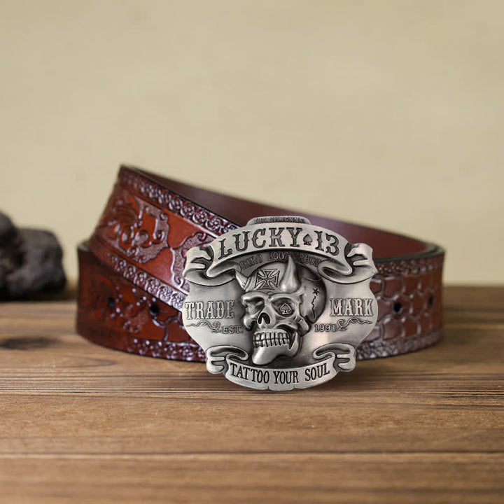 Men's DIY King Of Fools Lucky 13 Buckle Leather Belt - Tattoo Your Soul - Brown Carved Belt (40) - image 17