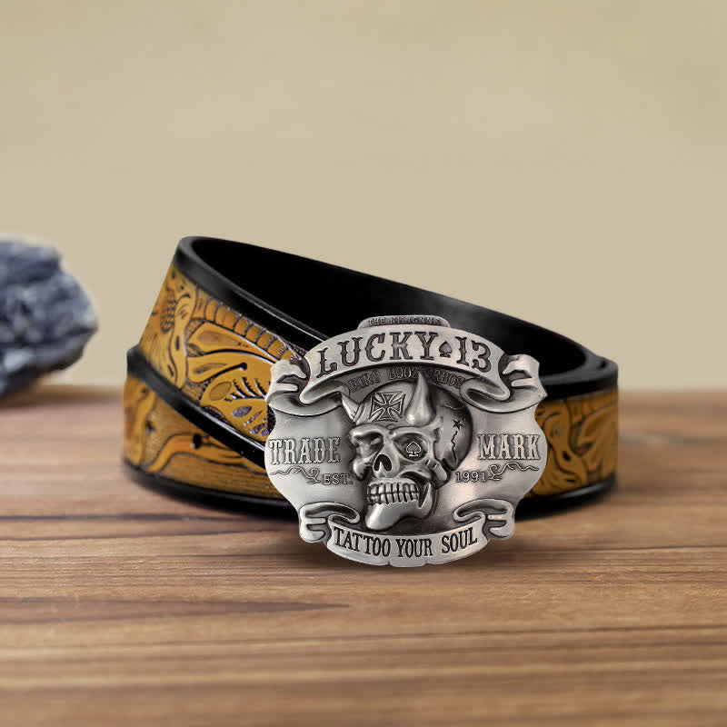 Men's DIY King Of Fools Lucky 13 Buckle Leather Belt - Tattoo Your Soul - SandyBrown Belt (40) - image 18