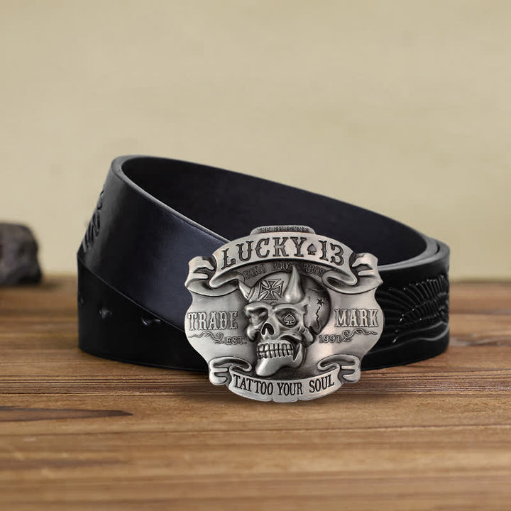 Men's DIY King Of Fools Lucky 13 Buckle Leather Belt - Tattoo Your Soul - Black Embossed Eagle Belt (38) - image 14