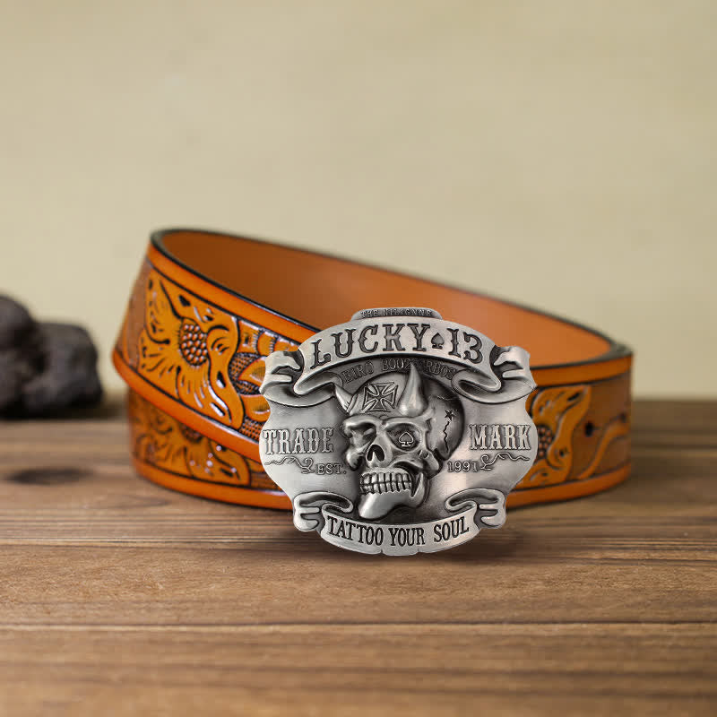 Men's DIY King Of Fools Lucky 13 Buckle Leather Belt - Tattoo Your Soul - Orange Carved Belt (40) - image 19