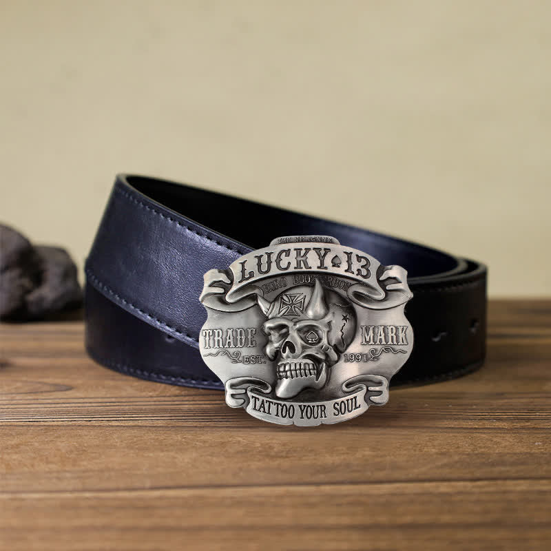 Men's DIY King Of Fools Lucky 13 Buckle Leather Belt - Tattoo Your Soul - Black PU Belt (40) - image 13