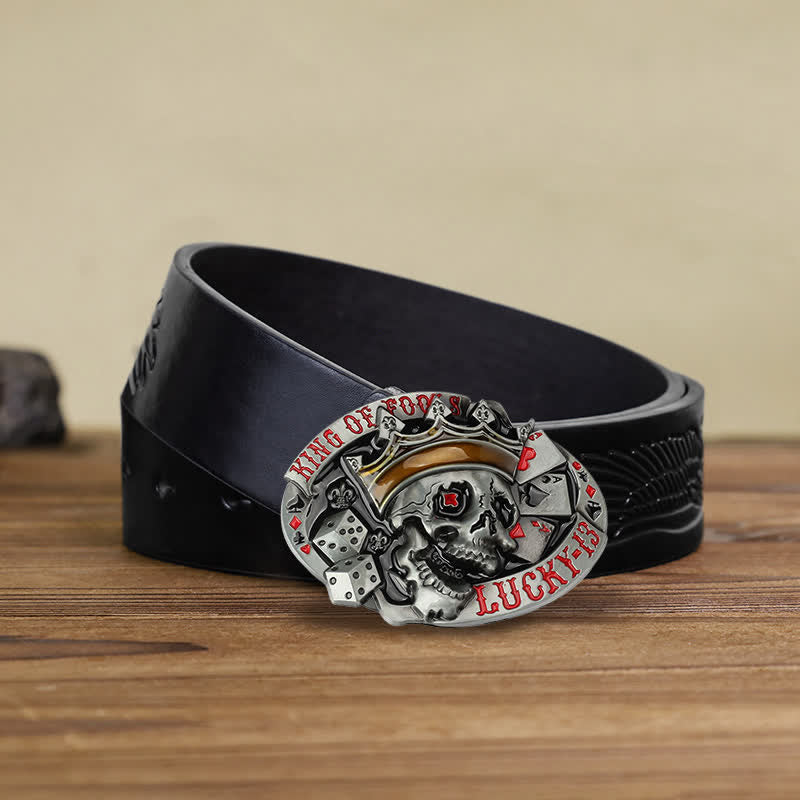 Men's DIY King Of Fools Lucky 13 Buckle Leather Belt - King of Fools - Black Embossed Eagle Belt (38) - image 5