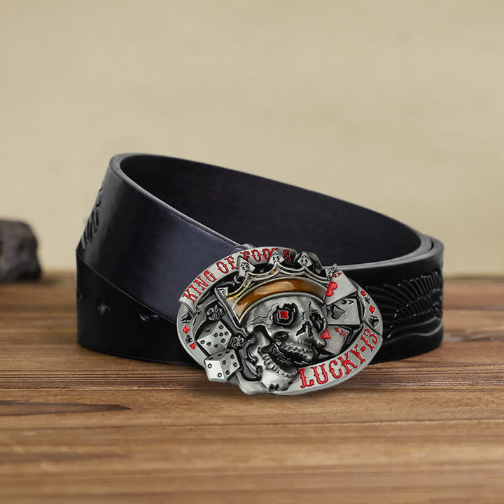 Men's DIY King Of Fools Lucky 13 Buckle Leather Belt - King of Fools - Black Embossed Eagle Belt (38) - image 5