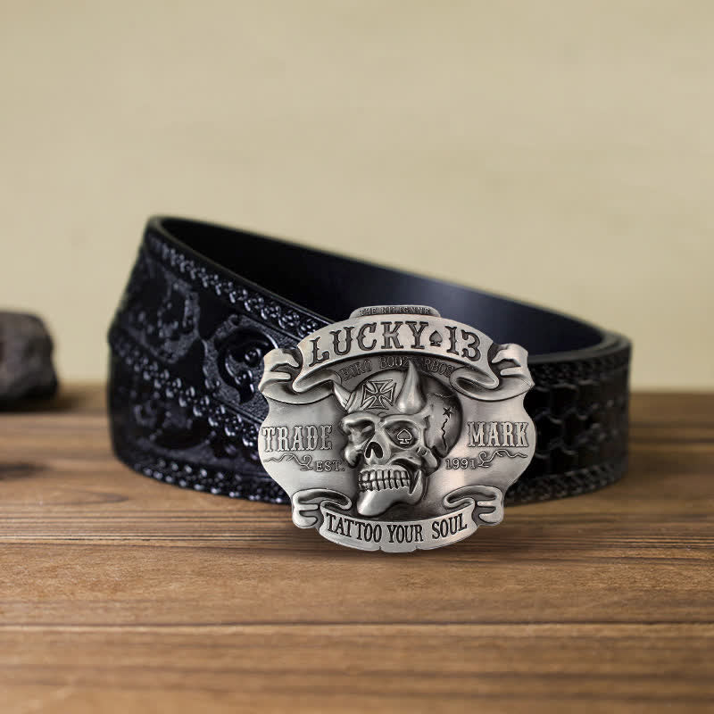 Men's DIY King Of Fools Lucky 13 Buckle Leather Belt - Tattoo Your Soul - Black Carved Belt (40) - image 16