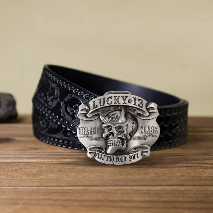 Men's DIY King Of Fools Lucky 13 Buckle Leather Belt - Tattoo Your Soul - Black Carved Belt (40) - image 16