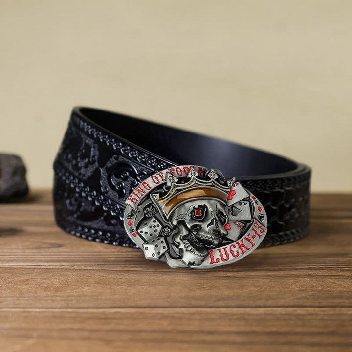Men's DIY King Of Fools Lucky 13 Buckle Leather Belt - King of Fools - Black Carved Belt (40) - image 7