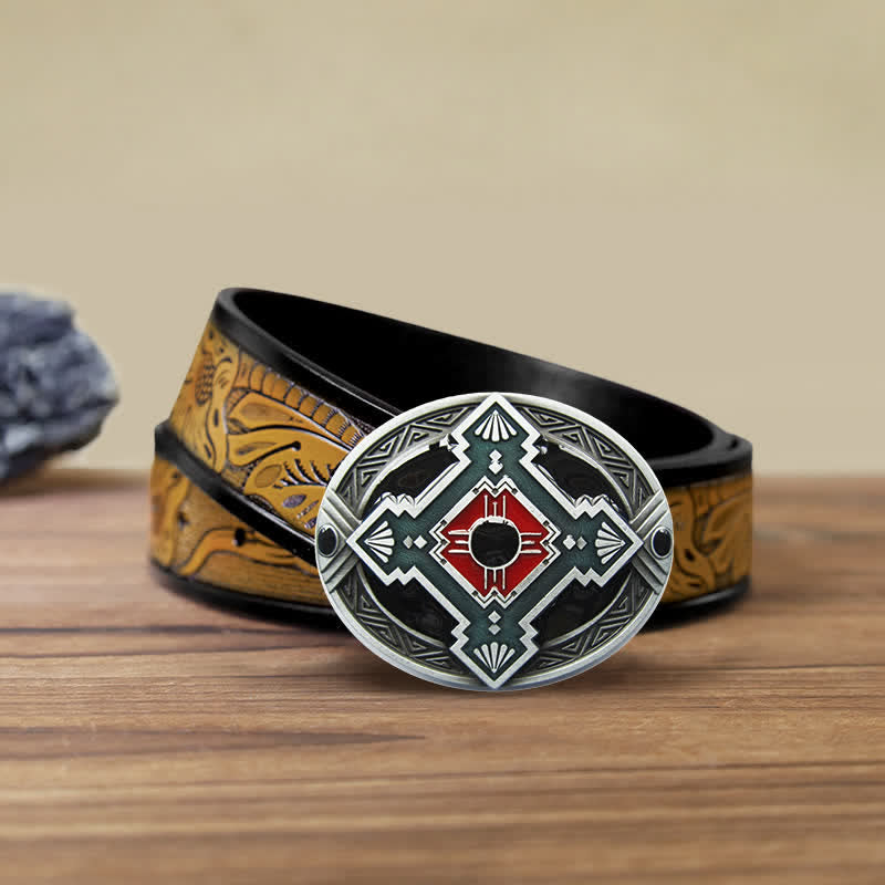 Men's DIY Native Indian Western Buckle Leather Belt - Red - SandyBrown Belt (40) - image 10