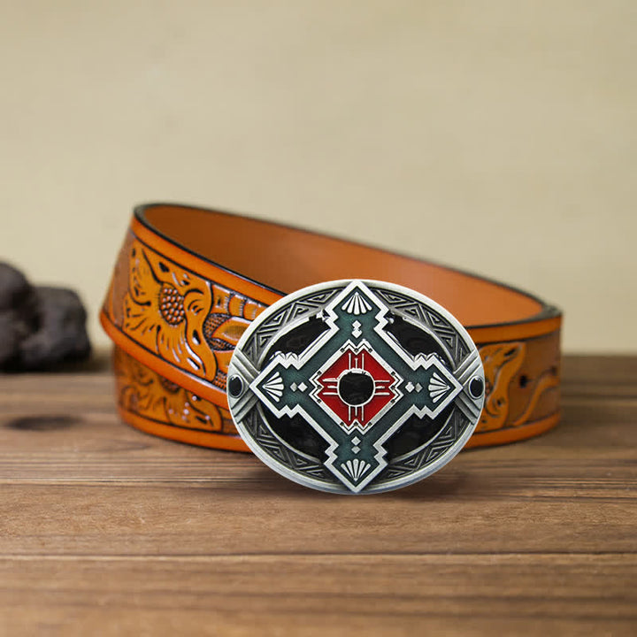 Men's DIY Native Indian Western Buckle Leather Belt - Red - Orange Carved Belt (40) - image 11