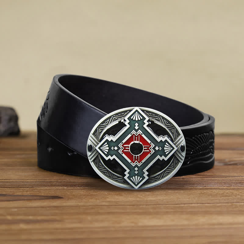 Men's DIY Native Indian Western Buckle Leather Belt - Red - Black Embossed Eagle Belt (38) - image 6
