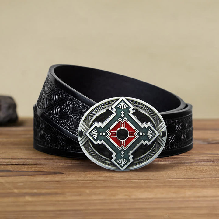 Men's DIY Native Indian Western Buckle Leather Belt - Red - Black Embossed Weave Belt (38) - image 7