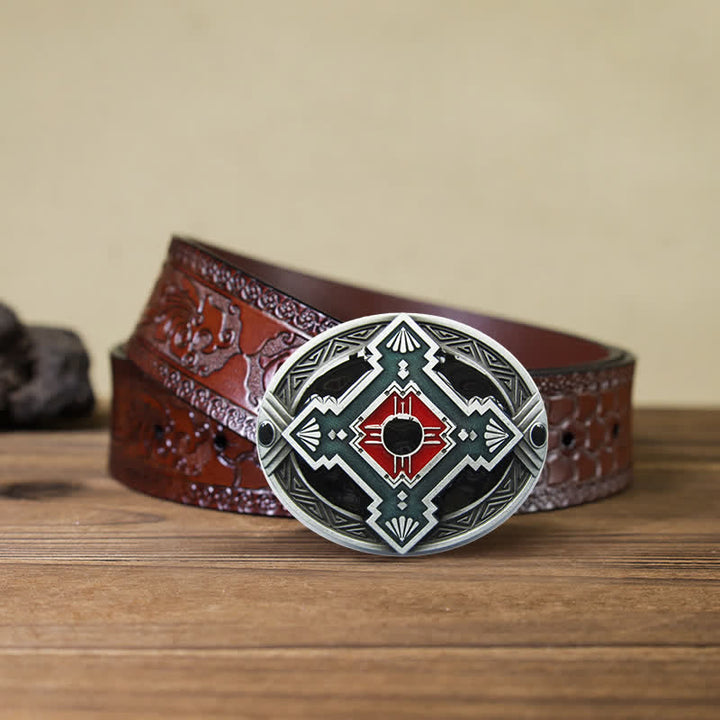 Men's DIY Native Indian Western Buckle Leather Belt - Red - Brown Carved Belt (40) - image 9