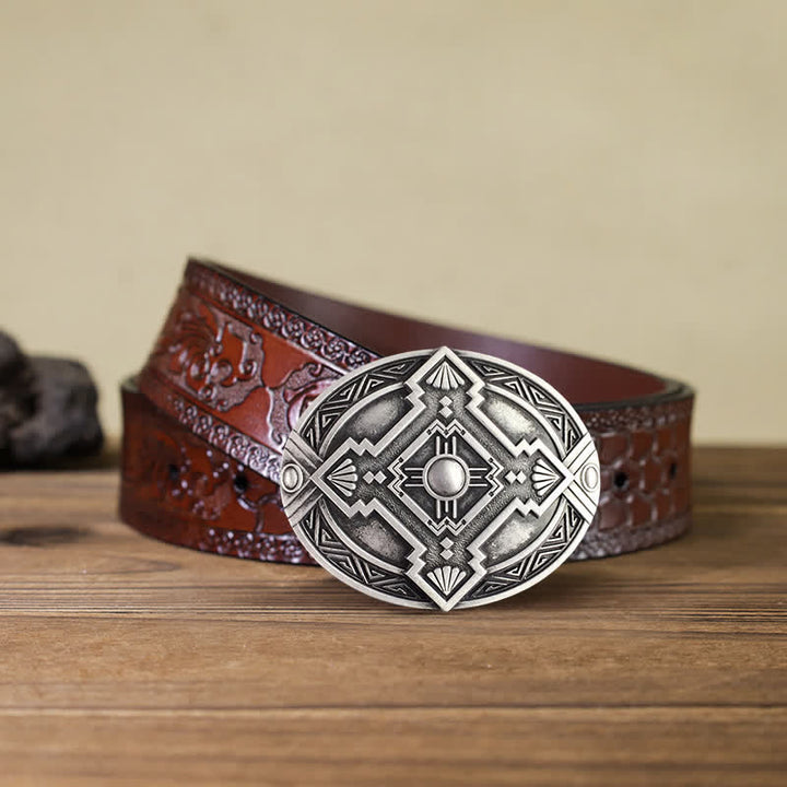 Men's DIY Native Indian Western Buckle Leather Belt - Silver - Brown Carved Belt (40) - image 19