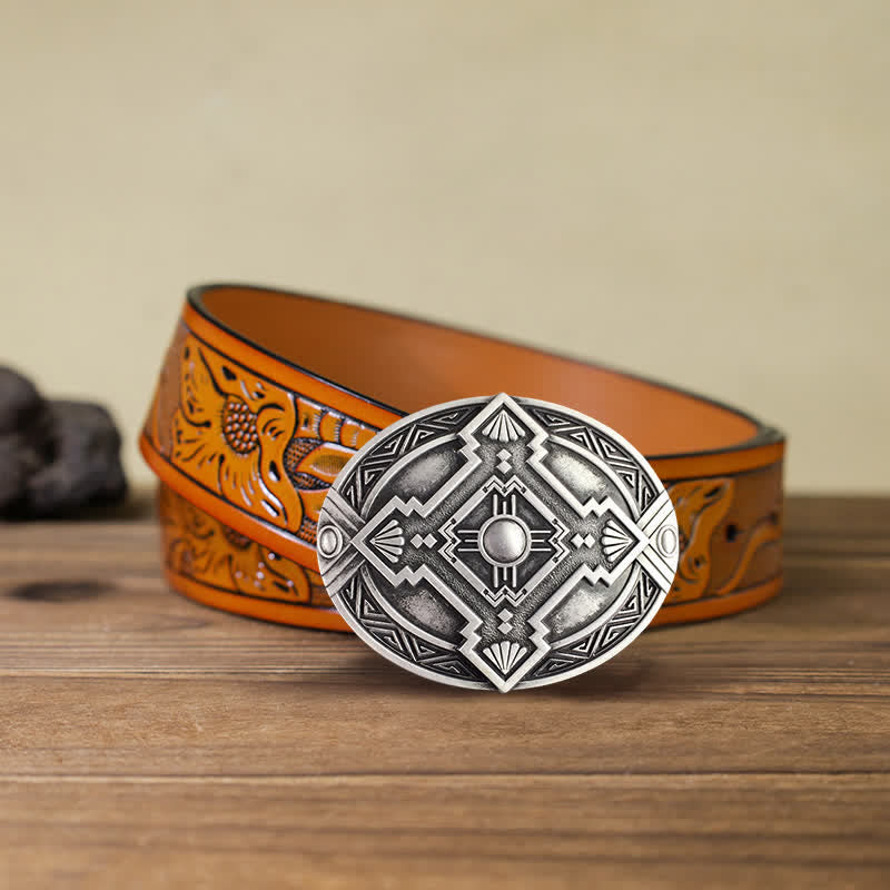 Men's DIY Native Indian Western Buckle Leather Belt - Silver - Orange Carved Belt (40) - image 21