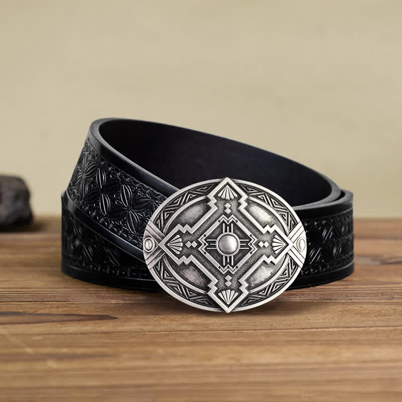 Men's DIY Native Indian Western Buckle Leather Belt - Silver - Black Embossed Weave Belt (38) - image 17