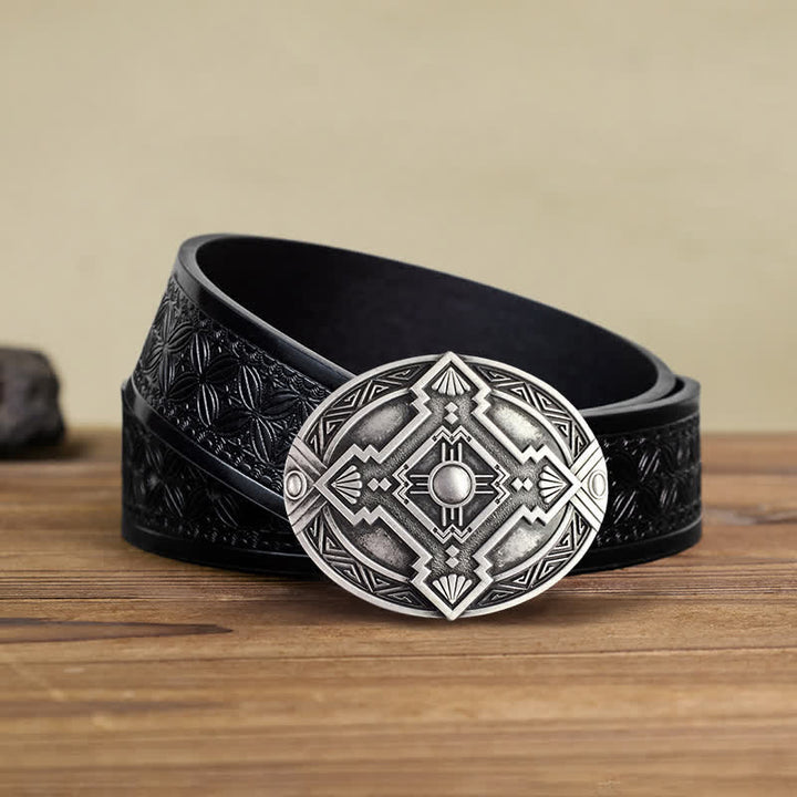 Men's DIY Native Indian Western Buckle Leather Belt - Silver - Black Embossed Weave Belt (38) - image 17