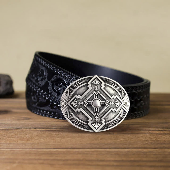 Men's DIY Native Indian Western Buckle Leather Belt - Silver - Black Carved Belt (40) - image 18