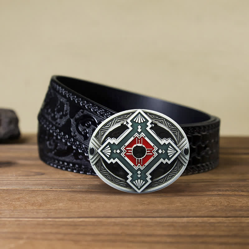 Men's DIY Native Indian Western Buckle Leather Belt - Red - Black Carved Belt (40) - image 8