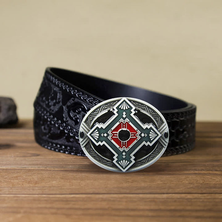 Men's DIY Native Indian Western Buckle Leather Belt - Red - Black Carved Belt (40) - image 8
