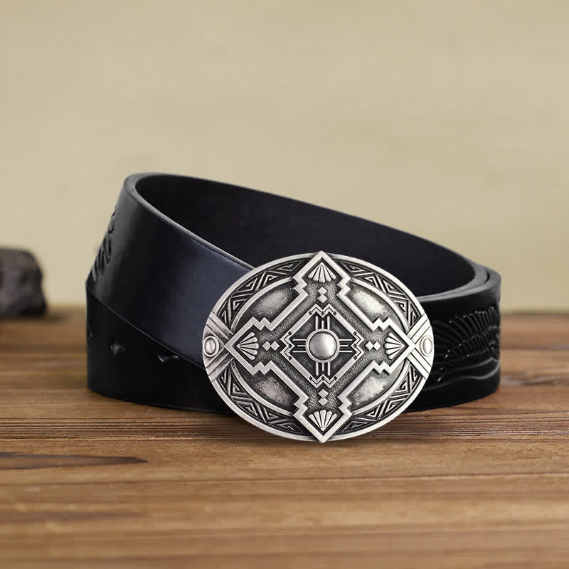 Men's DIY Native Indian Western Buckle Leather Belt - Silver - Black Embossed Eagle Belt (38) - image 16