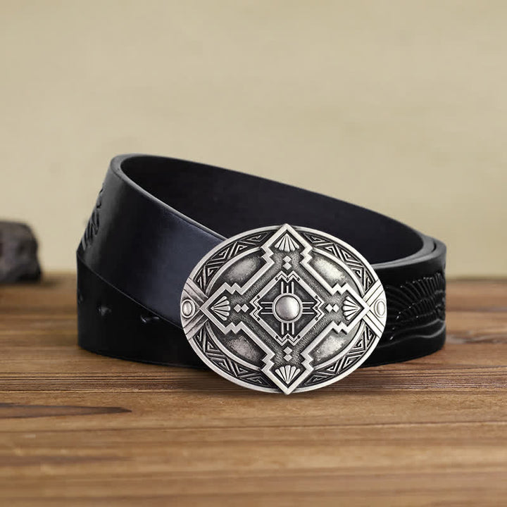 Men's DIY Native Indian Western Buckle Leather Belt - Silver - Black Embossed Eagle Belt (38) - image 16