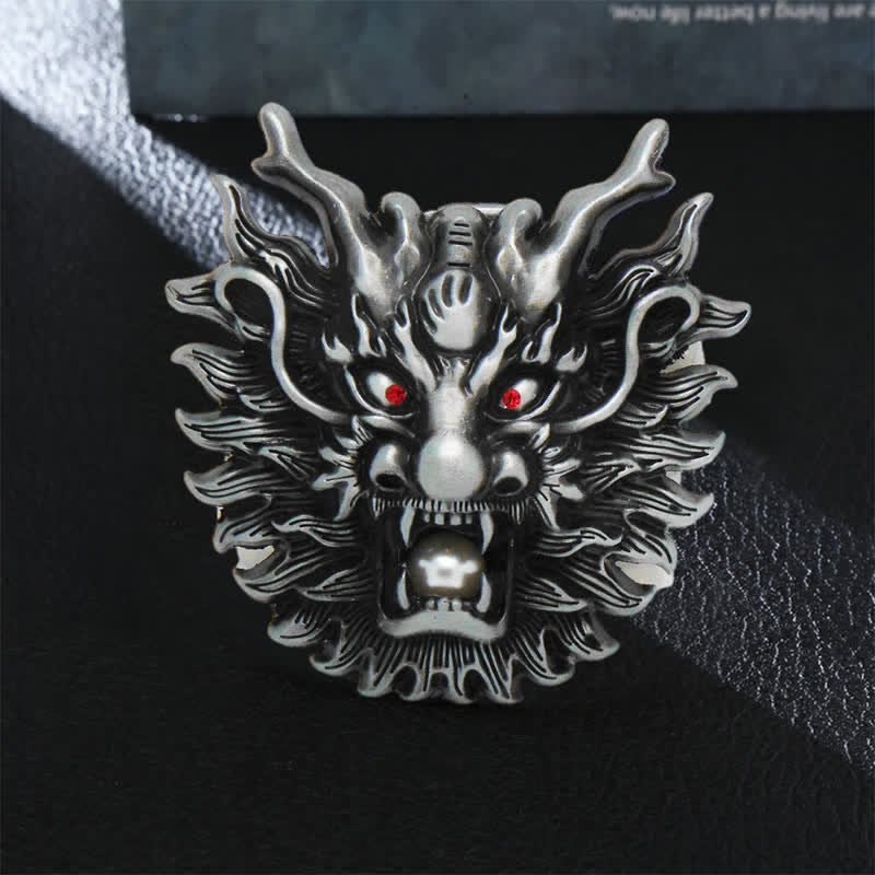 Men's DIY Fiery Dragon White Pearl Buckle Leather Belt - Antique Silver - Without Belt - image 0