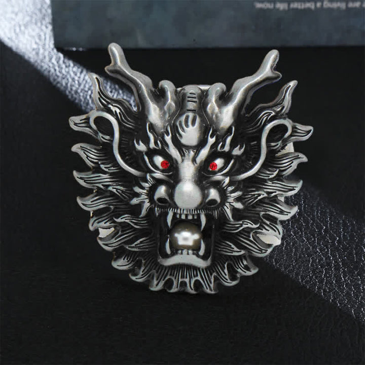 Men's DIY Fiery Dragon White Pearl Buckle Leather Belt - Antique Silver - Without Belt - image 0