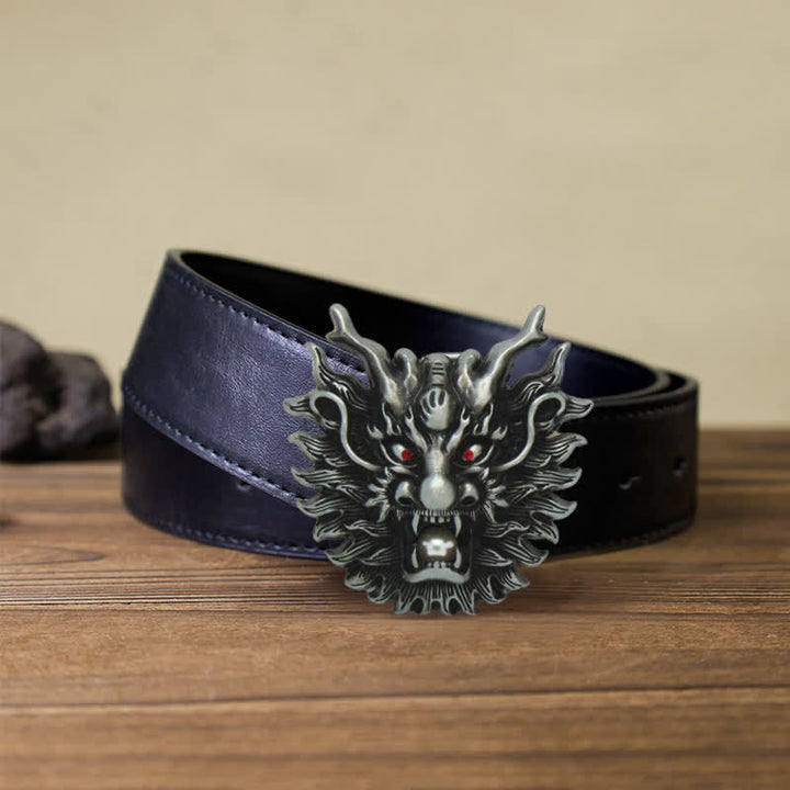 Men's DIY Fiery Dragon White Pearl Buckle Leather Belt - Antique Silver - Black PU Belt (40) - image 5