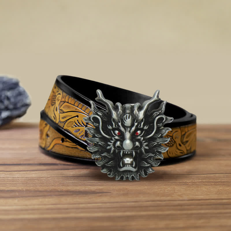Men's DIY Fiery Dragon White Pearl Buckle Leather Belt - Antique Silver - SandyBrown Belt (40) - image 10