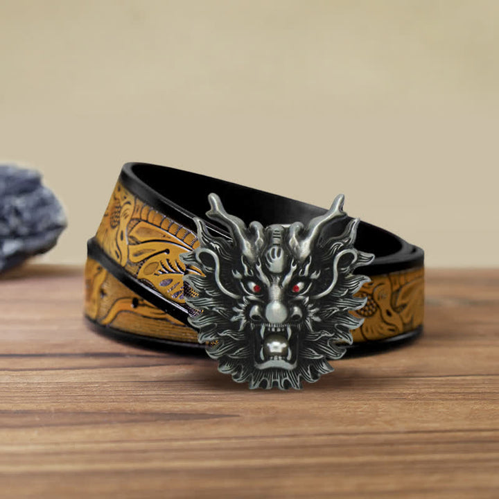 Men's DIY Fiery Dragon White Pearl Buckle Leather Belt - Antique Silver - SandyBrown Belt (40) - image 10