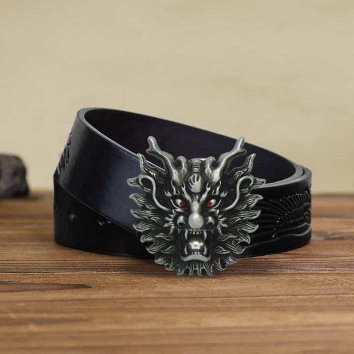 Men's DIY Fiery Dragon White Pearl Buckle Leather Belt - Antique Silver - Black Embossed Eagle Belt (38) - image 6