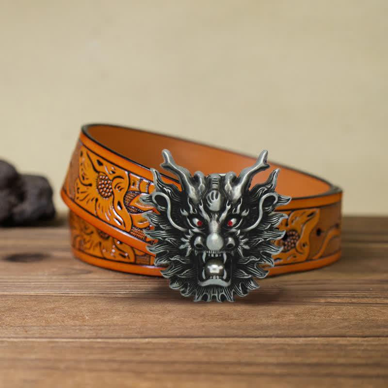 Men's DIY Fiery Dragon White Pearl Buckle Leather Belt - Antique Silver - Orange Carved Belt (40) - image 11
