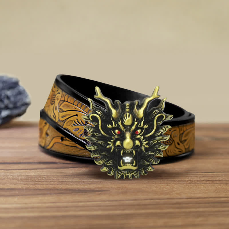 Men's DIY Fiery Dragon White Pearl Buckle Leather Belt - Antique Bronze - SandyBrown Belt (40) - image 19