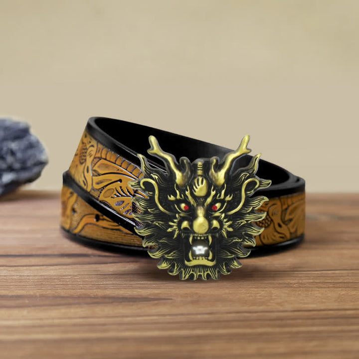 Men's DIY Fiery Dragon White Pearl Buckle Leather Belt - Antique Bronze - SandyBrown Belt (40) - image 19