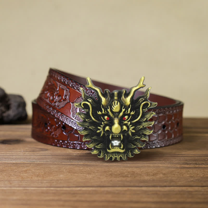 Men's DIY Fiery Dragon White Pearl Buckle Leather Belt - Antique Bronze - Brown Carved Belt (40) - image 18