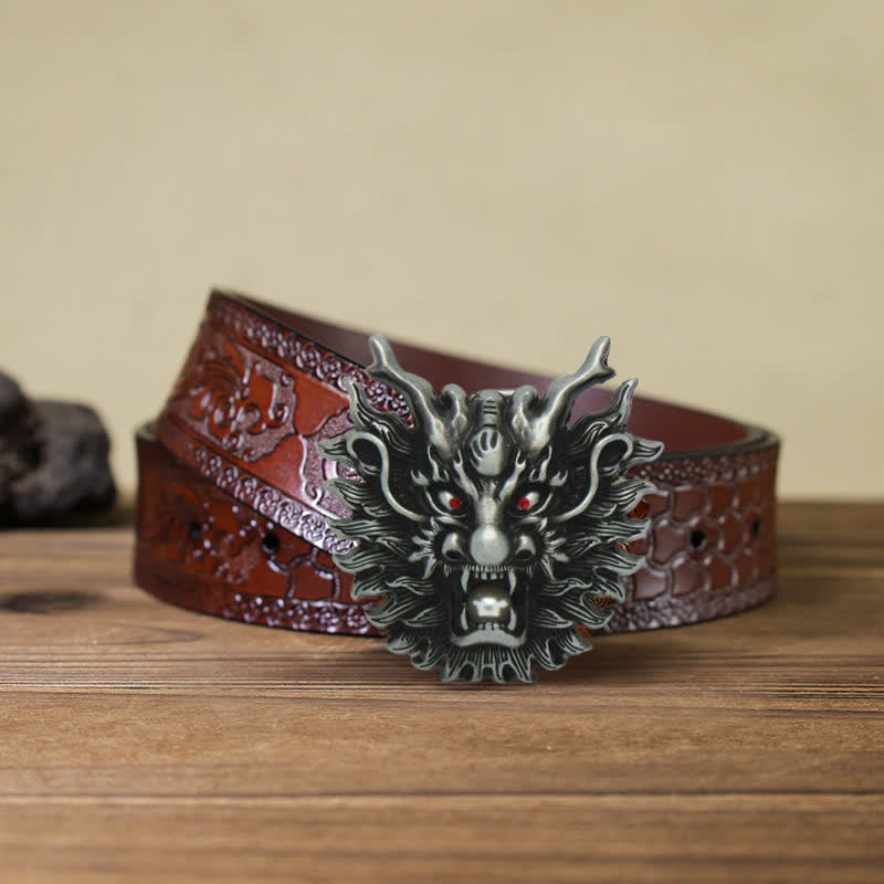 Men's DIY Fiery Dragon White Pearl Buckle Leather Belt - Antique Silver - Brown Carved Belt (40) - image 9