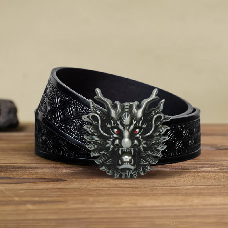 Men's DIY Fiery Dragon White Pearl Buckle Leather Belt - Antique Silver - Black Embossed Weave Belt (38) - image 7