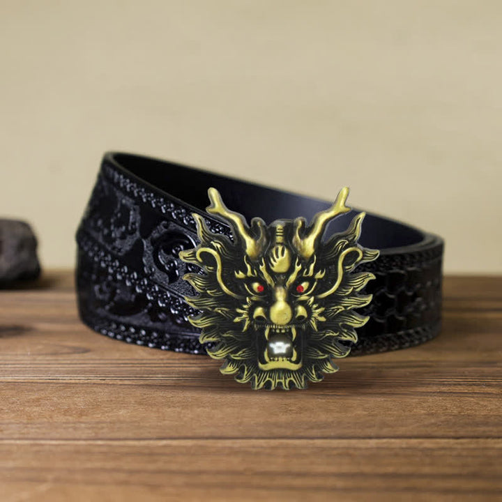 Men's DIY Fiery Dragon White Pearl Buckle Leather Belt - Antique Bronze - Black Carved Belt (40) - image 17
