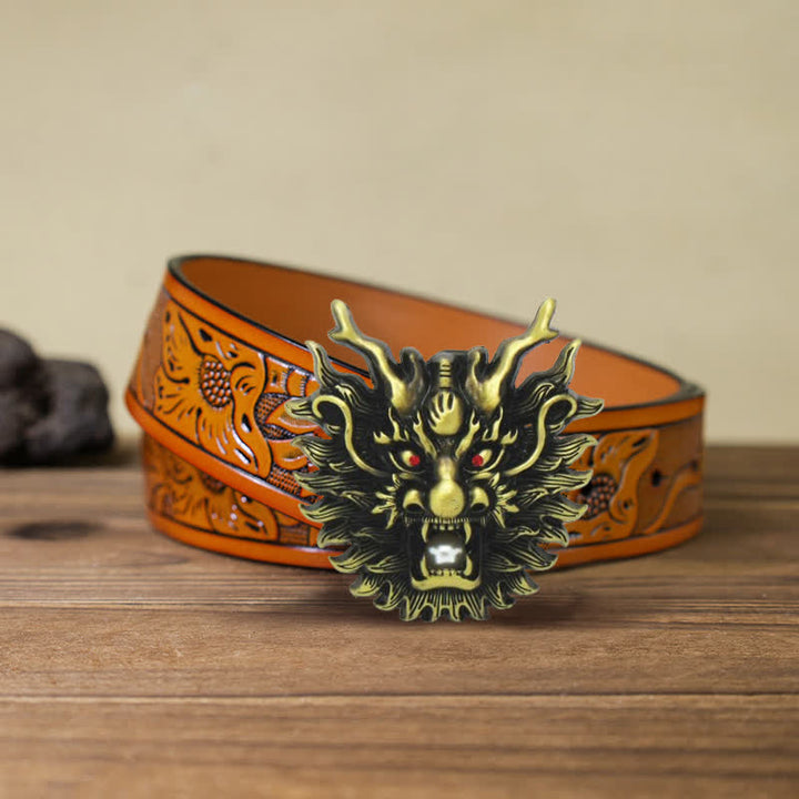 Men's DIY Fiery Dragon White Pearl Buckle Leather Belt - Antique Bronze - Orange Carved Belt (40) - image 20