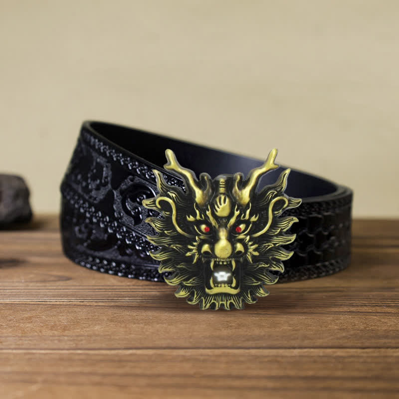 Men's DIY Fiery Dragon White Pearl Buckle Leather Belt - Antique Bronze - Black Carved Belt (40) - image 17